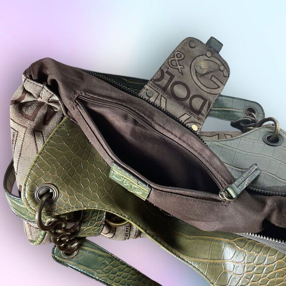 Dolce&Gabbana Shoulder Bag Designer Purse Brown Fabric w/ Green Textured Leather - Picture 5 of 13